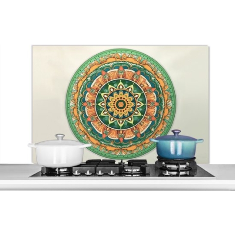 Spatscherm Keuken - Kookplaat Achterwand - Spatwand Fornuis - 100x65 cm - Hippie - Mandala - Groen - Boho - Bloemen - Aluminium - Wanddecoratie - Muurbeschermer - Hittebestendig