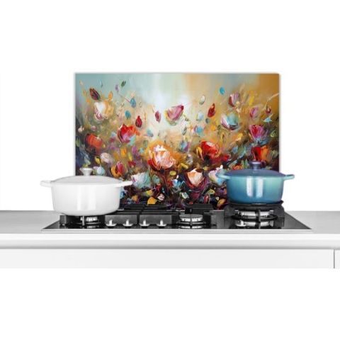 KitchenYeah® Spatscherm keuken 60x40 cm - Kookplaat achterwand - Bloemen abstract - Muurbeschermer hittebestendig - Spatwand fornuis - Hoogwaardig aluminium - Aanrecht decoratie kunst