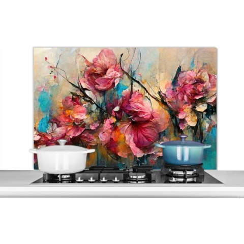 KitchenYeah® Spatscherm keuken 100x65 cm - Kookplaat achterwand - Roze bloemen abstract - Muurbeschermer hittebestendig - Spatwand fornuis - Hoogwaardig aluminium - Keukenaccessoires