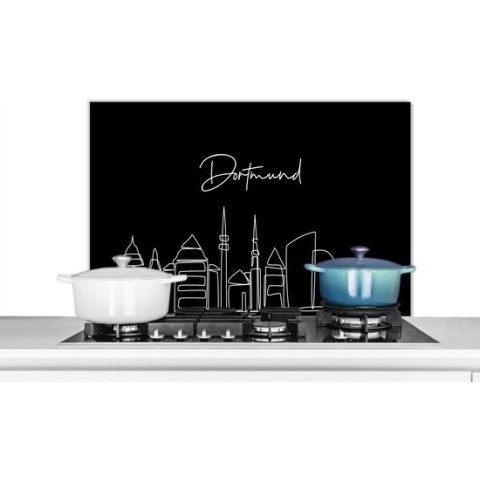 Spatscherm Keuken - Kookplaat Achterwand - Spatwand Fornuis - 90x60 cm - Dortmund - Skyline - Line art - Zwart wit - Aluminium - Wanddecoratie - Muurbeschermer - Hittebestendig