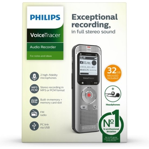 Philips DVT20525 Memorecorder - Stereo MP3 / PCM, 8GB, USB, FM-radio, Stereo headset, Incl. Philips 32GB microSD kaart