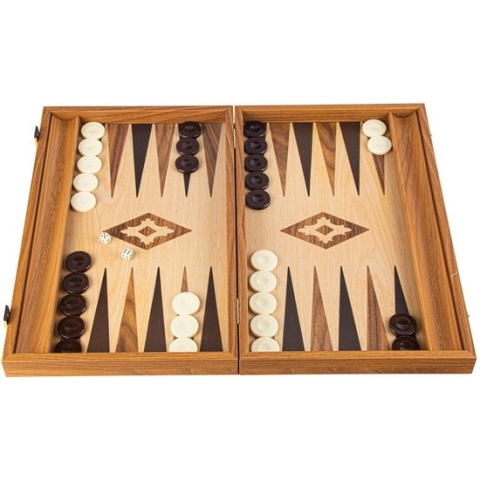Eik-Walnoot Replica Backgammon met zijrekken voor de speelmunten - 38x23cm - Opengeklapt 38x46 cm - luxe zak met speelschijven Top Kwaliteit Klasse en Geweldig