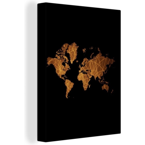 Wanddecoratie Wereldkaart - Goud - Lijnen - Canvas - 90x120 cm