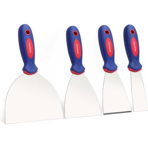 Professionele schilderspatel, spatel, set van roestvrij staal met kunststof handvat, schildersgereedschap, professioneel putty-mes, 38 mm, 75 mm, 100 mm, 150 mm, 4-delig, incl. 1 x stabiel met