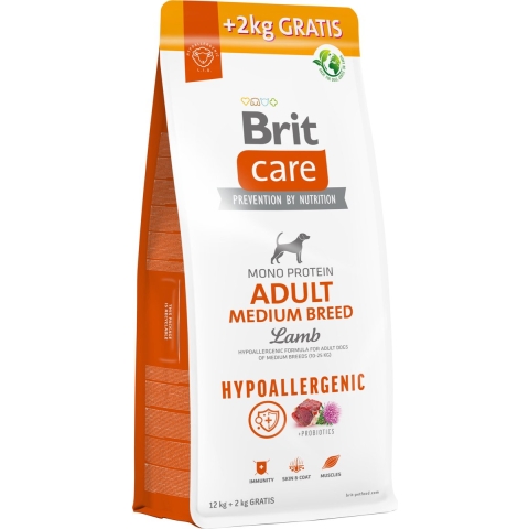 Brit Care Hypoallergenic Adult Medium Breed Lamb & Rice 12 + 2 kg GRATIS - Hond