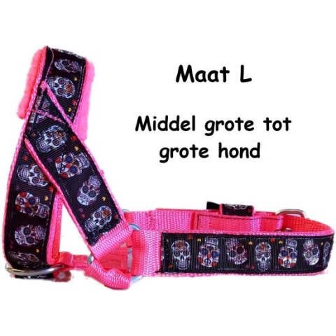 Gentle leader - Gevoerd - Maat L - Neon roze - Skulls - Antitrek hoofdhalster hond - Hoofdhalster hond - Antitrek hond - Trainingshalsband