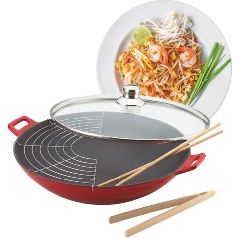 Baumalu rode gietijzeren rode wok met glazen deksel Ø 36 cm incl. accessoires