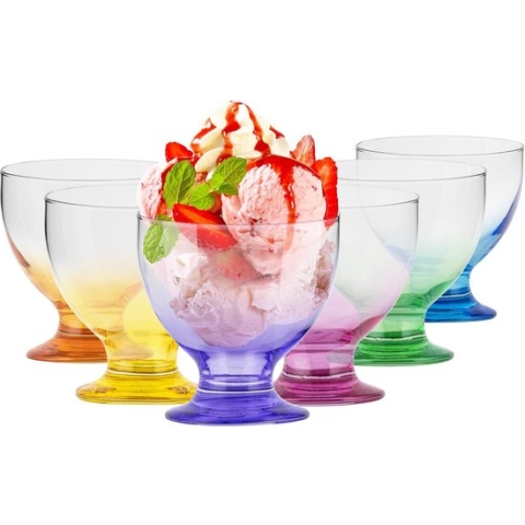 Rainbow Blast IJsbeker, dessertkommen, kleurrijk, 475 ml, set van 6 dessertglazen op voet, serveerschalen, vaatwasmachinebestendig