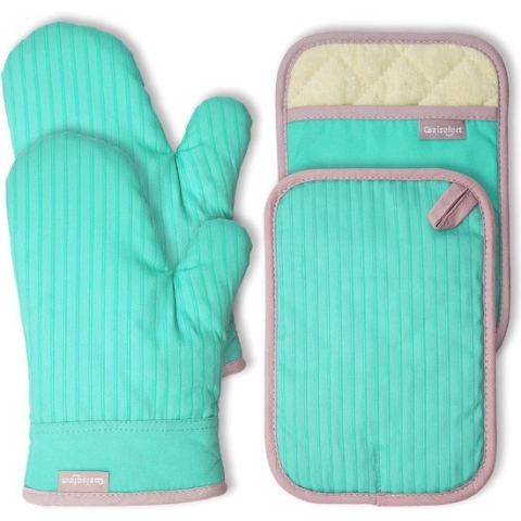 Ovenhandschoenen, hittebestendige pannenhandschoenen en pannenlap, siliconen anti-slip design, geschikt voor koken, bakken, grillen, groen