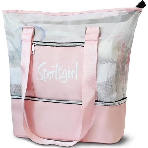 XXL strandtas voor dames, grote strandtas met ritssluiting, waterdichte zwemtas van transparant gaas met nat vak, reistas, sporttas, zwemtas