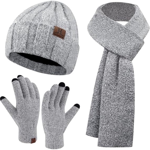 Warme winterset 3 stuks - Grijs - Gevoerde muts beanie, lange sjaal, touchscreen handschoenen - 3-delige set voor volwassenen - Black Friday 2023 - Kerstcadeau