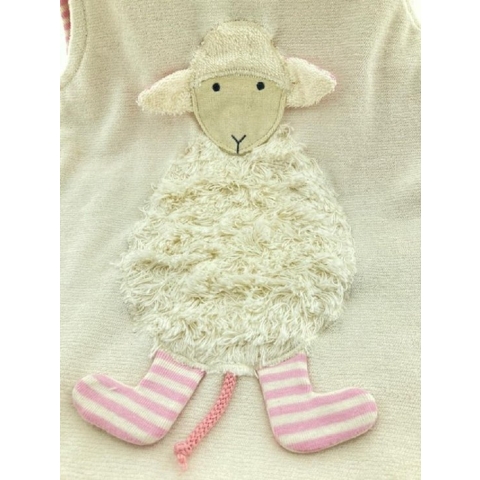 Slaapzak - Baby - Peuter - Kind - Biologisch katoen - Vegan - ca. 85cm lang - Ritssluiting zijkant - Knopen bovenkant - Schaap motief - Roze gestreepte binnenkant