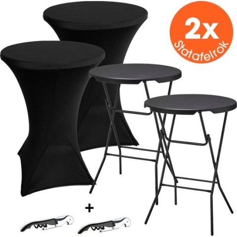 Lenx 2x Zwarte Statafel - Set van 2 - ø80x110 cm - Inclusief 2x Zwarte Statafelrok en 2x Wijnopener - Statafels - Zwart - Cocktailtafel - Hoge Staan Tafel - Staantafel - Partytafel