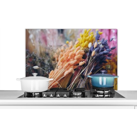 Spatscherm Keuken - Kookplaat Achterwand - Spatwand Fornuis - 90x60 cm - Droogbloemen - Kleuren - Stilleven - Aluminium - Wanddecoratie - Muurbeschermer - Hittebestendig