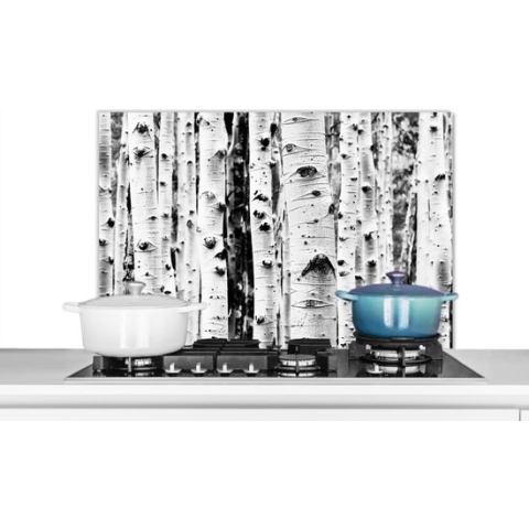 Spatscherm Keuken - Kookplaat Achterwand - Spatwand Fornuis - 90x60 cm - Bomen - Hout - Zwart wit - Natuur - Aluminium - Wanddecoratie - Muurbeschermer - Hittebestendig