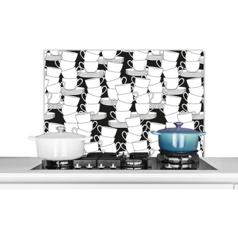 Spatscherm Keuken - Kookplaat Achterwand - Spatwand Fornuis - 90x60 cm - Patronen - Zwart wit - Kopjes - Thee - Aluminium - Wanddecoratie - Muurbeschermer - Hittebestendig