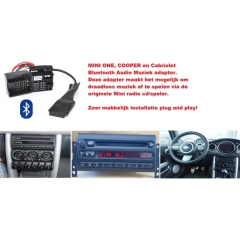 Mini Cooper One Cooper S Works Cabrio Bluetooth Audio Muziek AD2P Streaming module Adapter Vlakke pin R50 R52 R53 Cabriolet Youtube Deezers Boost Alpine