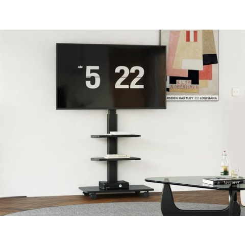 tv standaard verrijdbaar met 2 plank & vetro-voet voor 32-60 inch, Draaibaar & Hoogte verstelbaar universal tv stand trolley with wheel, Portable vloerstandaard op wielen Max VESA 600x400mm