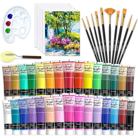 48-pack acrylverfset, Shuttle Art 30 kleuren acrylverf (36ml) met 10 penselen 5 canvas 1 verfmes 1 palet 1 spons, complete set voor kinderen, volwassenen schilderen op canvas rotsen hout keramiek