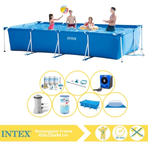 Intex Rectangular Frame Zwembad - Opzetzwembad - 450x220x84 cm - Inclusief Solarzeil, Onderhoudspakket, Zwembadpomp, Filter, Grondzeil, Onderhoudsset en Warmtepomp HS