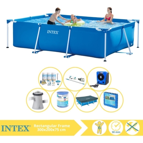 Intex Rectangular Frame Zwembad - Opzetzwembad - 300x200x75 cm - Inclusief Afdekzeil, Onderhoudspakket, Zwembadpomp, Filter, Onderhoudsset, Zwembadtegels en Warmtepomp HS
