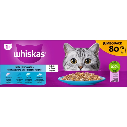 Whiskas Katten Natvoer Vis Selectie in Gelei, Adult 1+ Multipack (80x85 g), 6.8 kg