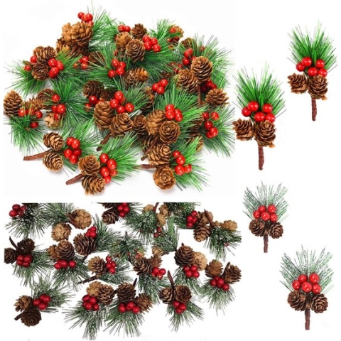 20 stuks kunstmatige kerstprikkers rode bessen dennenappels groene dennennaalden takken voor kerst bloemstuk krans vakantie decoratie ambacht woondecoratie