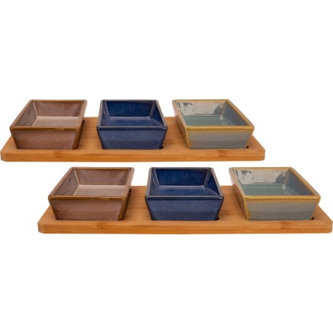 Set van 2x stuks serveerplanken bamboe 31 x 15 cm met 6x luxe hapjes/saus/tapas schaaltjes