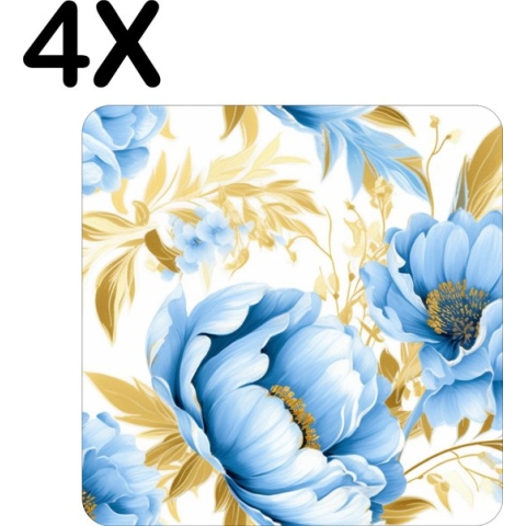 BWK Flexibele Placemat - Patroon van Blauwe Bloemen met Gouden Bladeren - Set van 4 Placemats - 50x50 cm - PVC Doek - Afneembaar