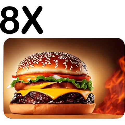 BWK Stevige Placemat - Hamburger met Vuur op de Achtergrond - Set van 8 Placemats - 45x30 cm - 1 mm dik Polystyreen - Afneembaar