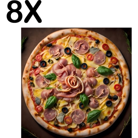 BWK Textiele Placemat - Pizza met Ham en Olijven op Donkere Achtergrond - Set van 8 Placemats - 40x40 cm - Polyester Stof - Afneembaar