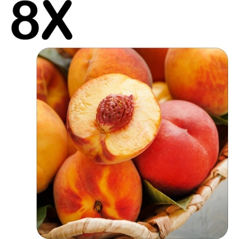 BWK Luxe Placemat - Rijpe Perziken in een Mandje - Set van 8 Placemats - 40x40 cm - 2 mm dik Vinyl - Anti Slip - Afneembaar