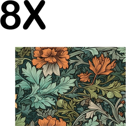 BWK Textiele Placemat - Getekende Bloemen en Planten - Set van 8 Placemats - 40x30 cm - Polyester Stof - Afneembaar
