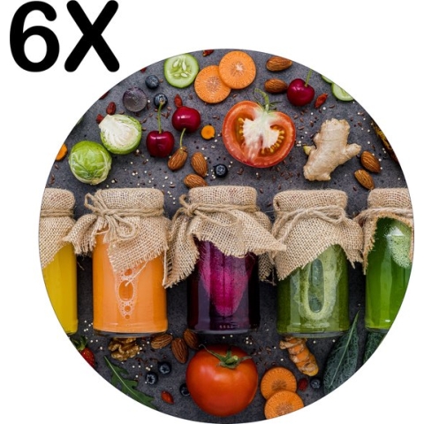 BWK Flexibele Ronde Placemat - Kleurrijke Potten met Groente en Fruit - Set van 6 Placemats - 50x50 cm - PVC Doek - Afneembaar