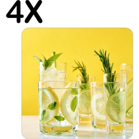 BWK Luxe Placemat - Cocktails met Gele Achtergrond - Set van 4 Placemats - 50x50 cm - 2 mm dik Vinyl - Anti Slip - Afneembaar