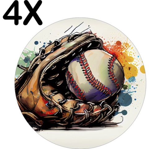 BWK Flexibele Ronde Placemat - Getekende Honkbal Handschoen - Set van 4 Placemats - 50x50 cm - PVC Doek - Afneembaar