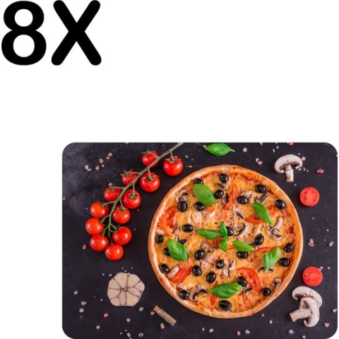 BWK Flexibele Placemat - Compositie van een Pizza en Beleg - Set van 8 Placemats - 35x25 cm - PVC Doek - Afneembaar