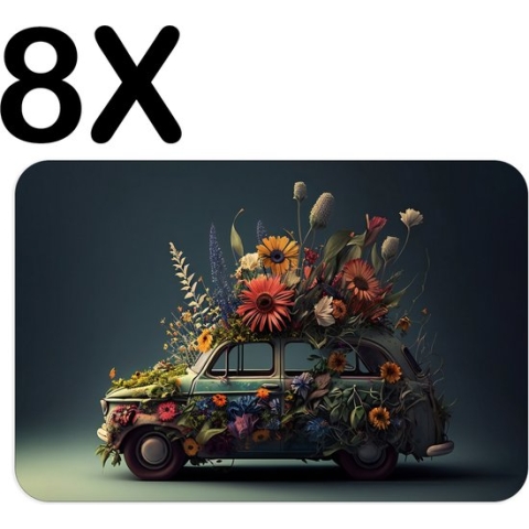 BWK Flexibele Placemat - Kustige Bloemen Auto - Set van 8 Placemats - 45x30 cm - PVC Doek - Afneembaar