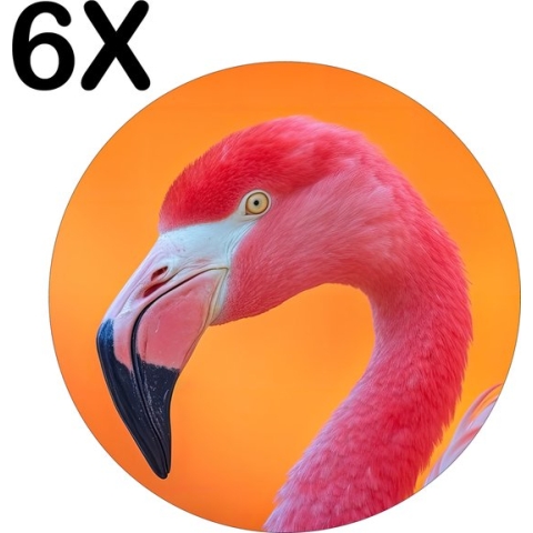 BWK Flexibele Ronde Placemat - Roze Flamingo met Oranje Achtergrond - Set van 6 Placemats - 50x50 cm - PVC Doek - Afneembaar
