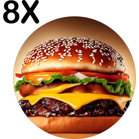 BWK Luxe Ronde Placemat - Hamburger met Vuur op de Achtergrond - Set van 8 Placemats - 40x40 cm - 2 mm dik Vinyl - Anti Slip - Afneembaar
