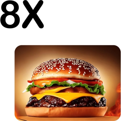 BWK Stevige Placemat - Hamburger met Vuur op de Achtergrond - Set van 8 Placemats - 40x30 cm - 1 mm dik Polystyreen - Afneembaar