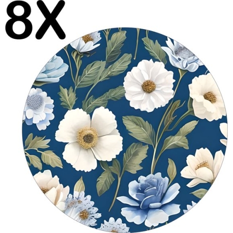 BWK Stevige Ronde Placemat - Blauw - Wit - Bloemen Patroon - Set van 8 Placemats - 50x50 cm - 1 mm dik Polystyreen - Afneembaar