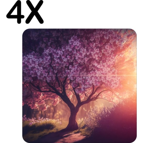 BWK Flexibele Placemat - Bloesem aan de Boom bij Zonsondergang - Set van 4 Placemats - 50x50 cm - PVC Doek - Afneembaar