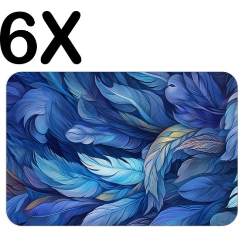 BWK Stevige Placemat - Getekende Blauwe Veren - Set van 6 Placemats - 45x30 cm - 1 mm dik Polystyreen - Afneembaar