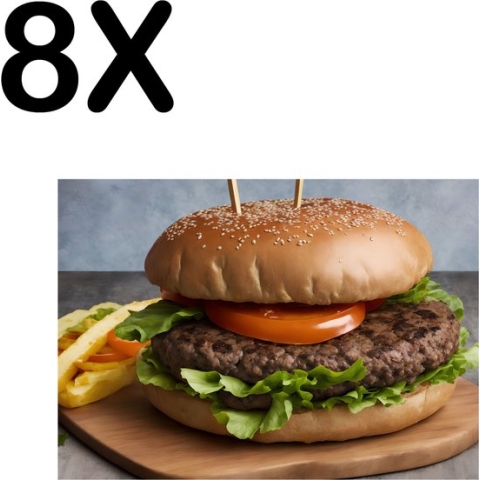 BWK Textiele Placemat - Geserveerde Hamburger op Houten Plank - Set van 8 Placemats - 40x30 cm - Polyester Stof - Afneembaar