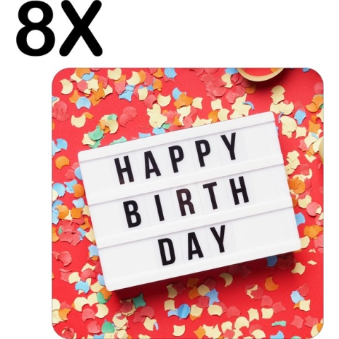 BWK Flexibele Placemat - Happy Birthday met Confetti en Slingers - Set van 8 Placemats - 40x40 cm - PVC Doek - Afneembaar