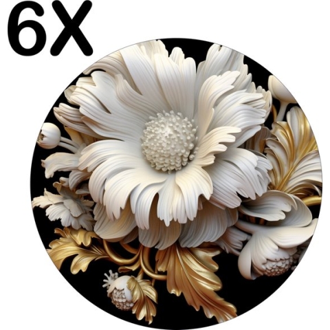 BWK Stevige Ronde Placemat - Wit - Goud - Bloem - Artistiek - Set van 6 Placemats - 40x40 cm - 1 mm dik Polystyreen - Afneembaar