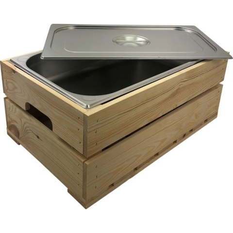 Houten kist. Naturel (set van drie kisten)  Van zeer stevige kwaliteit.   -  (geschikt voor binnenbak chafing dish  - Gastronormbak GN 1/1 , ook de buitenbak/waterbak past in dit model kist )