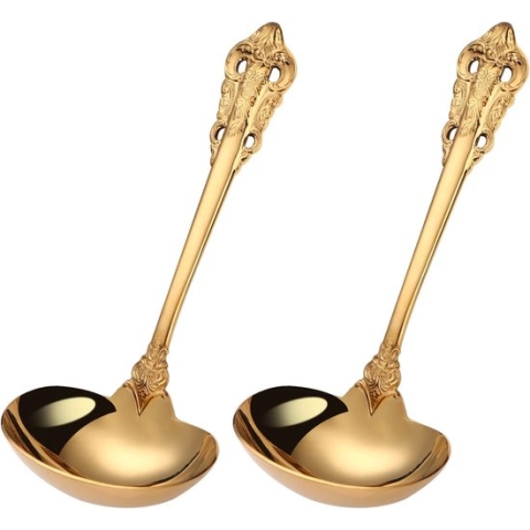 16 cm gouden soeplepel, SUS304 roestvrijstalen sauslepel, 2-delige keukenscheplepel, antieke kleine sauslepel om te roeren, spiegelklare soeplepel en vaatwasmachinebestendig