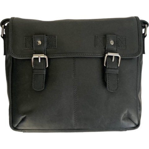 Zwarte leren schoudertas 24x29cm - heuptas met 2 gespen van runderleer - crossbody bag damestas - zwart leer dames tas messenger bag - Louisa Lee